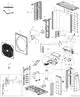 Diagramm mit Bauteilen eines Bosch Klimageräts, einschließlich Kühler, Ventilator, Rohre, Montageplatten und Elektronikkomponenten, nummeriert für einfache Identifizierung.